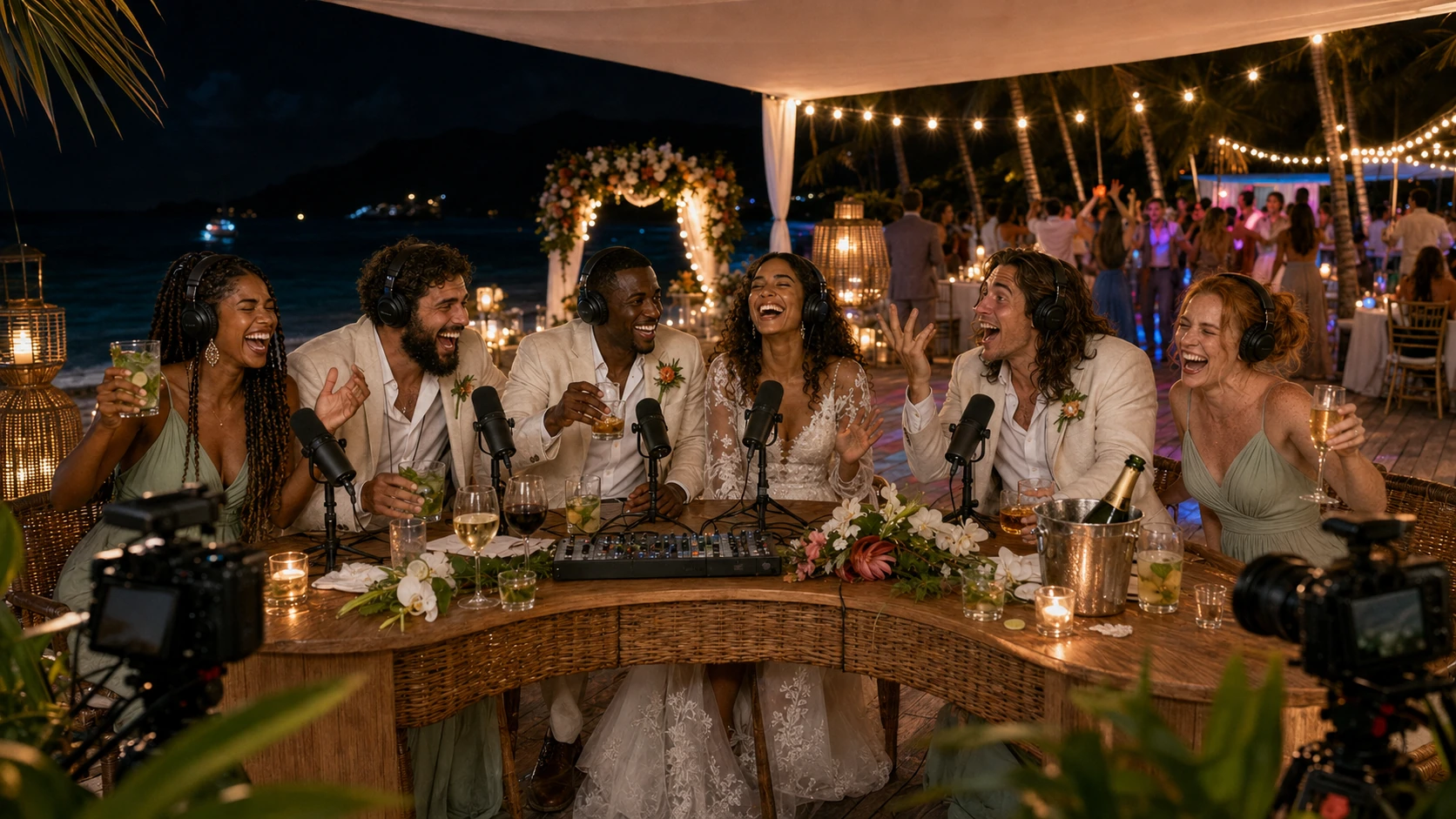 Guests enjoying an unscripted wedding podcast conversation after dark