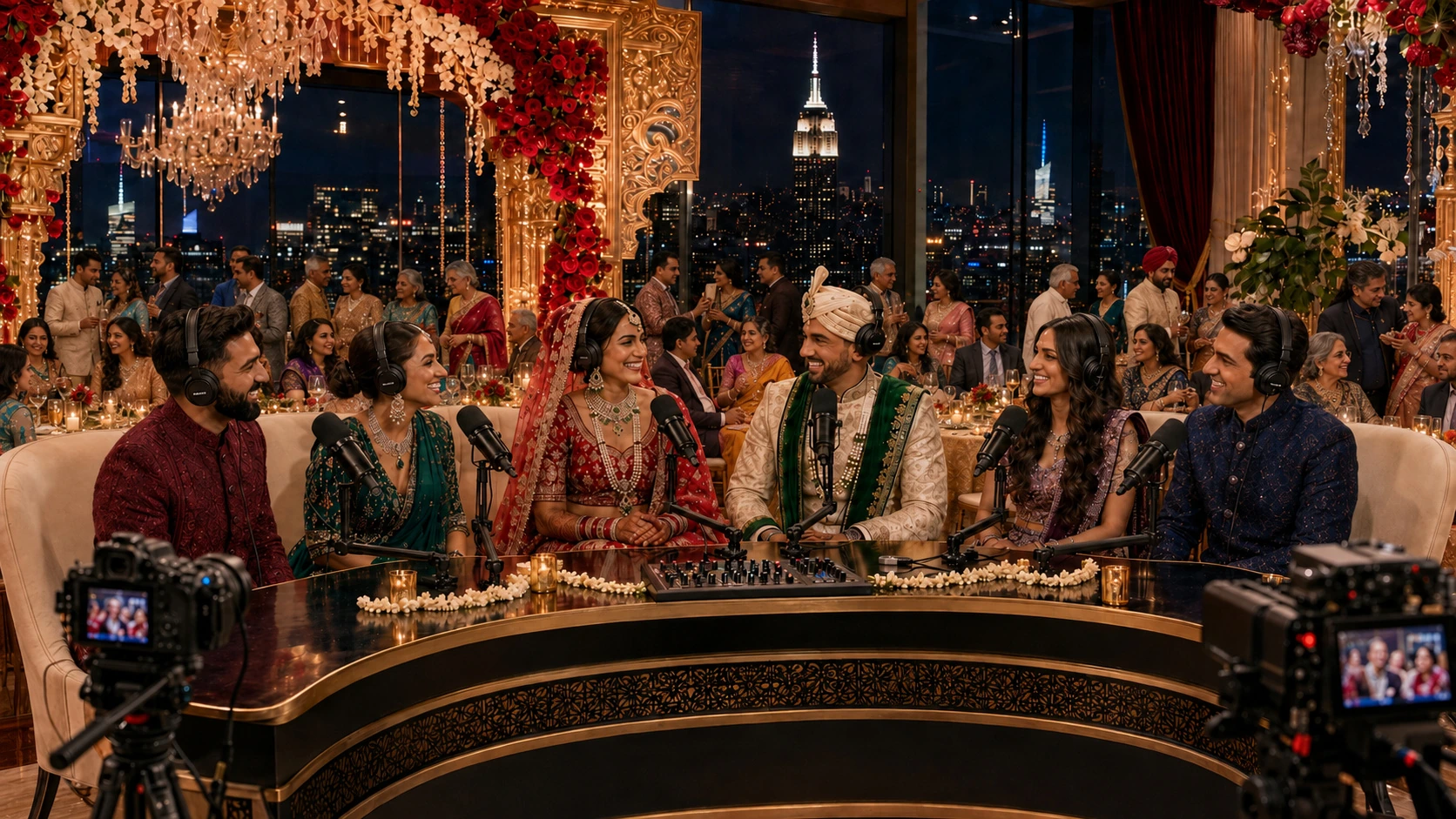 An elaborate ballroom wedding podcast with a different wedding party