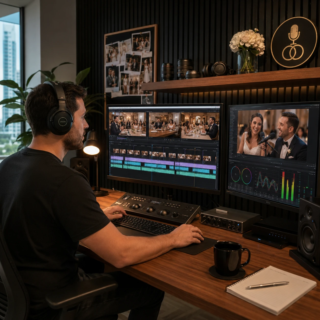 An editor crafting the wedding podcast episode in the VOWSCAST studio