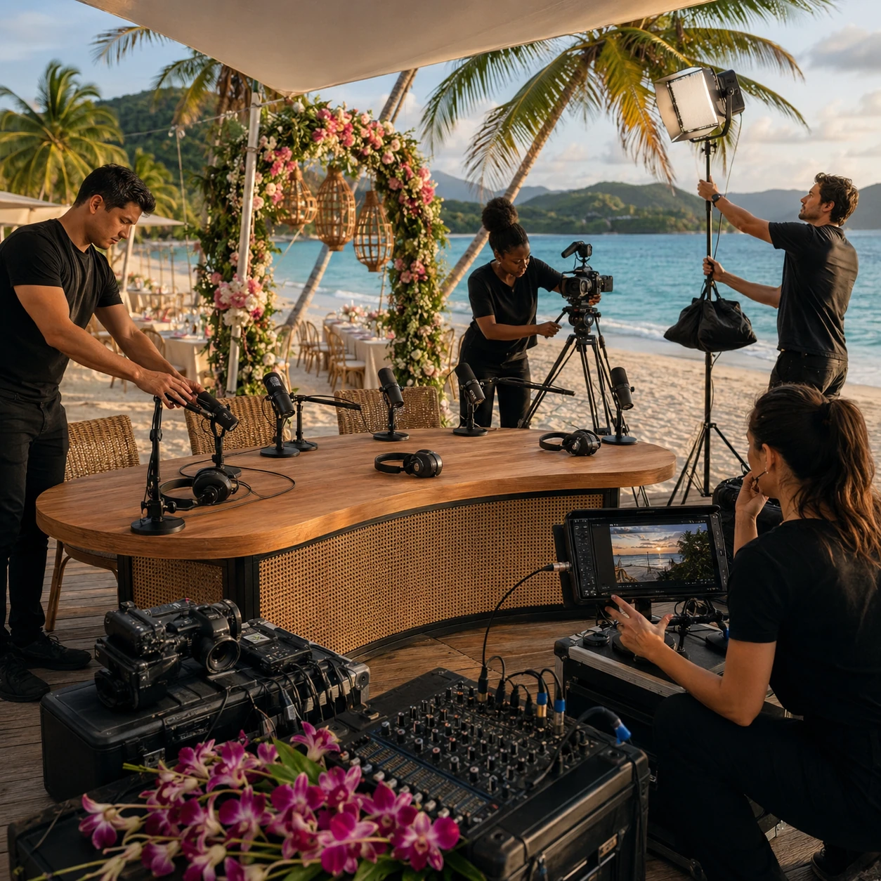 Production crew preparing microphones, lights and cameras at a beach wedding