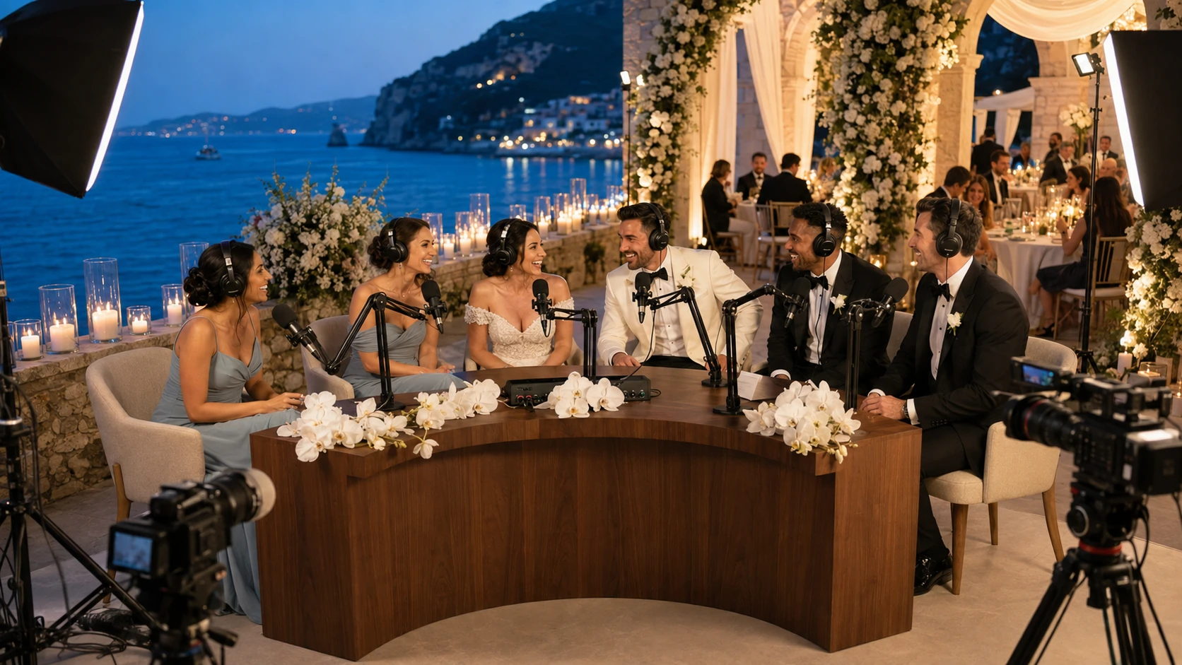 A full wedding podcast set at an oceanfront celebration after sunset