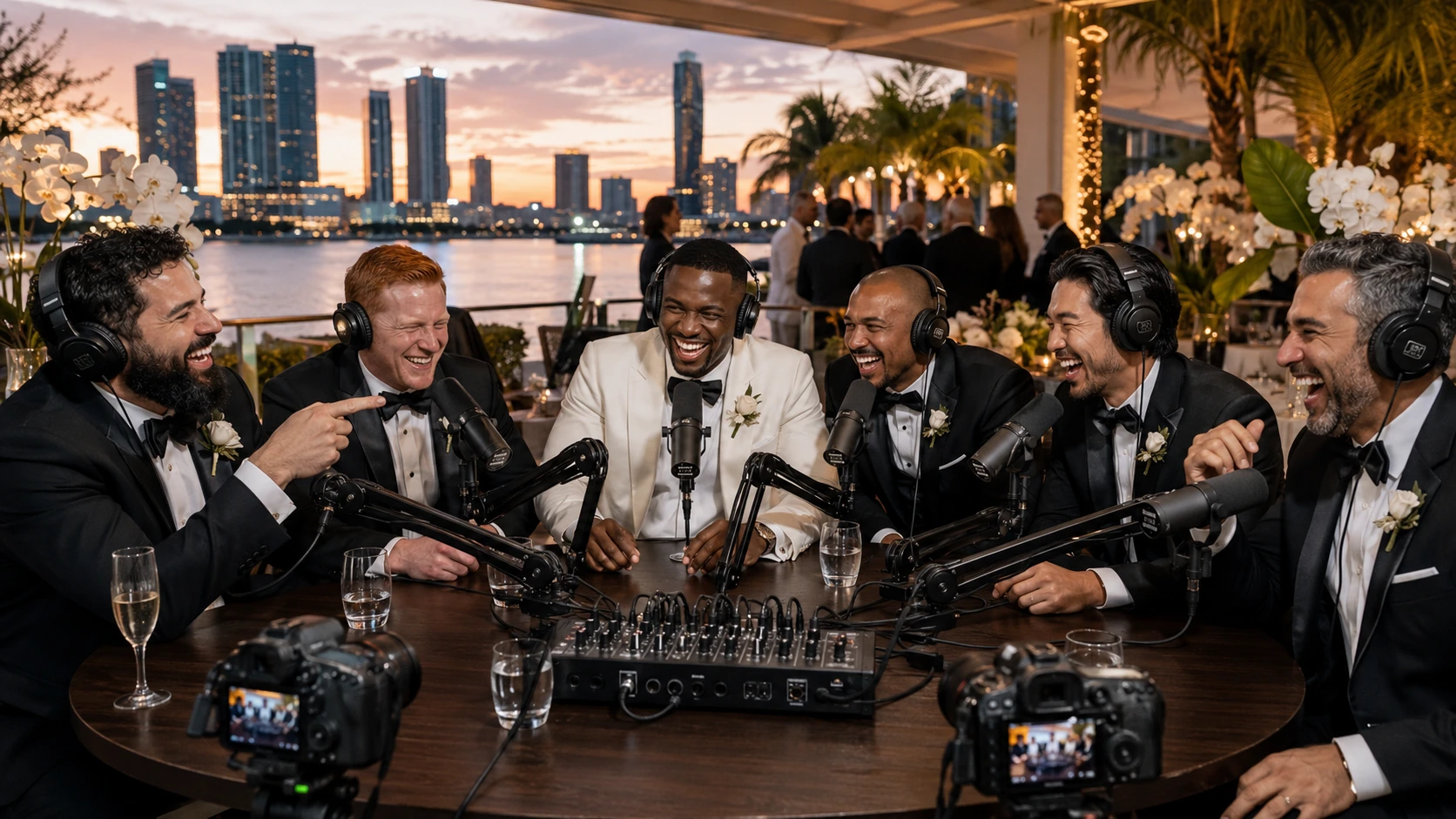 Six different groomsmen laughing into microphones at a waterfront wedding