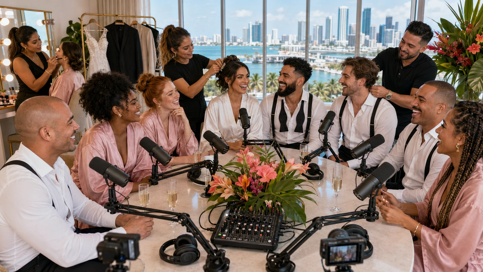 Wedding party sharing stories while getting ready in a bright waterfront suite
