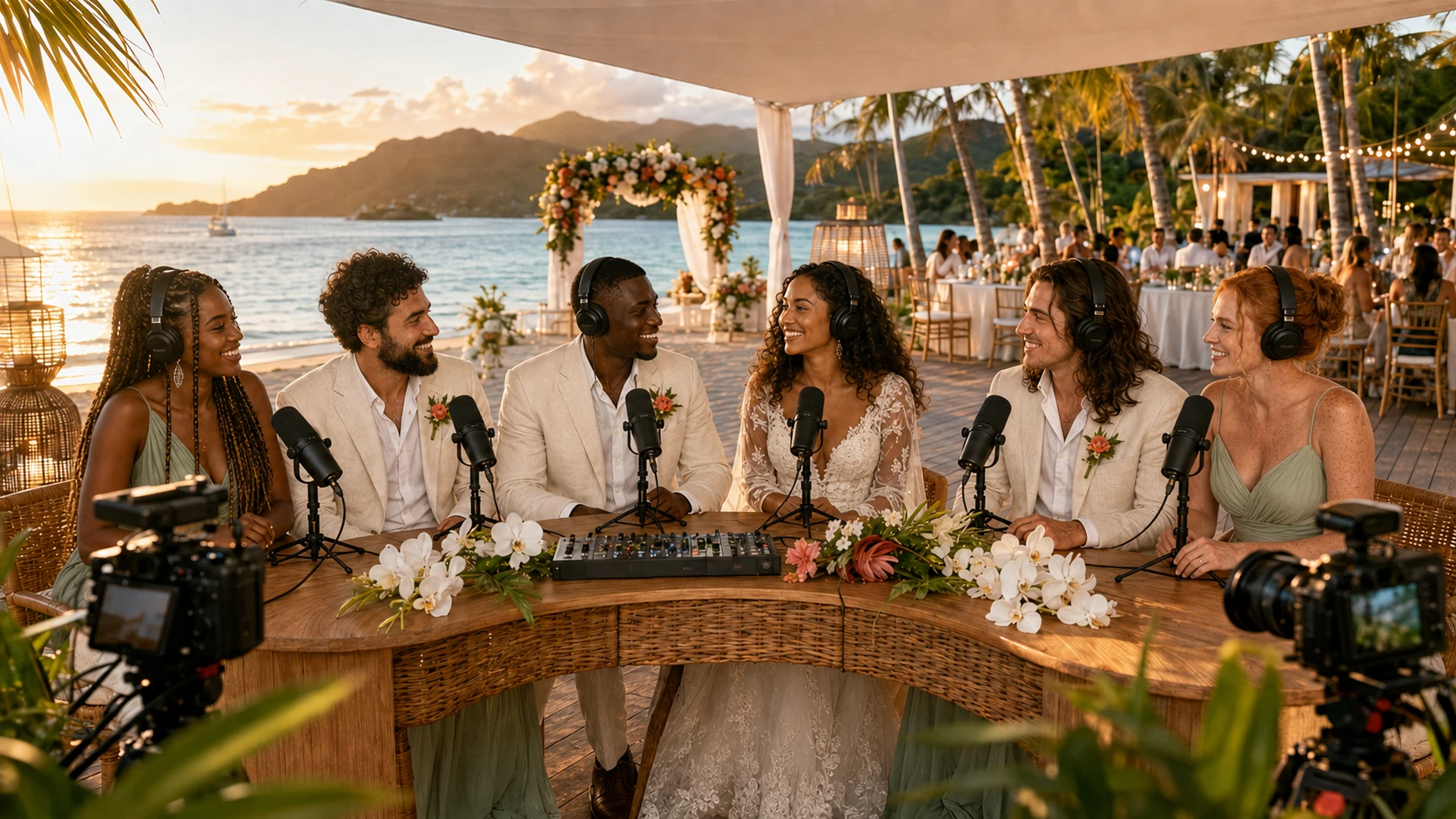 A different couple and guests sharing a podcast at an island wedding